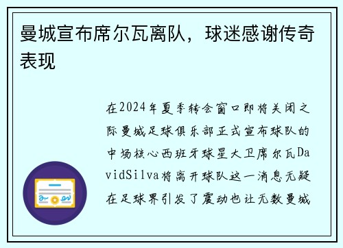 曼城宣布席尔瓦离队，球迷感谢传奇表现