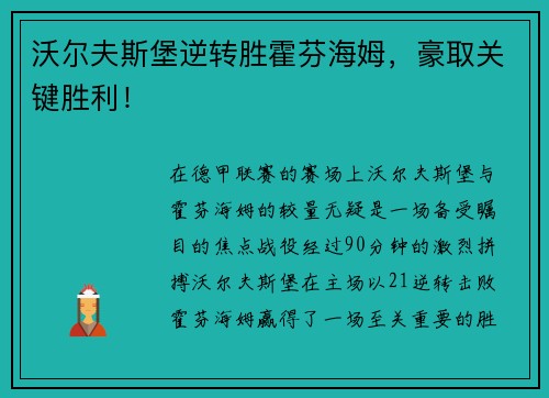 沃尔夫斯堡逆转胜霍芬海姆，豪取关键胜利！